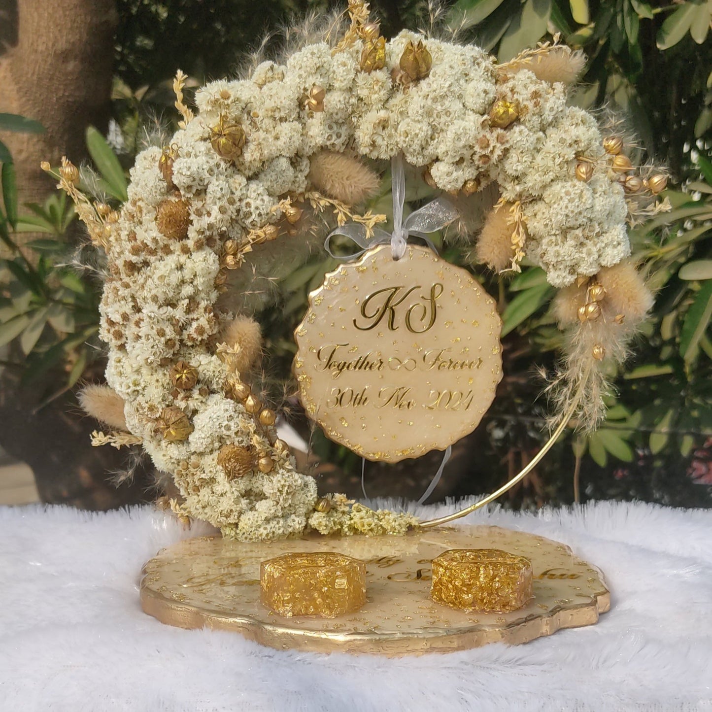 Custom resin engagement ring platter stand with couple initials, preserved flowers, golden detailing and ring holders for wedding or roka ceremony