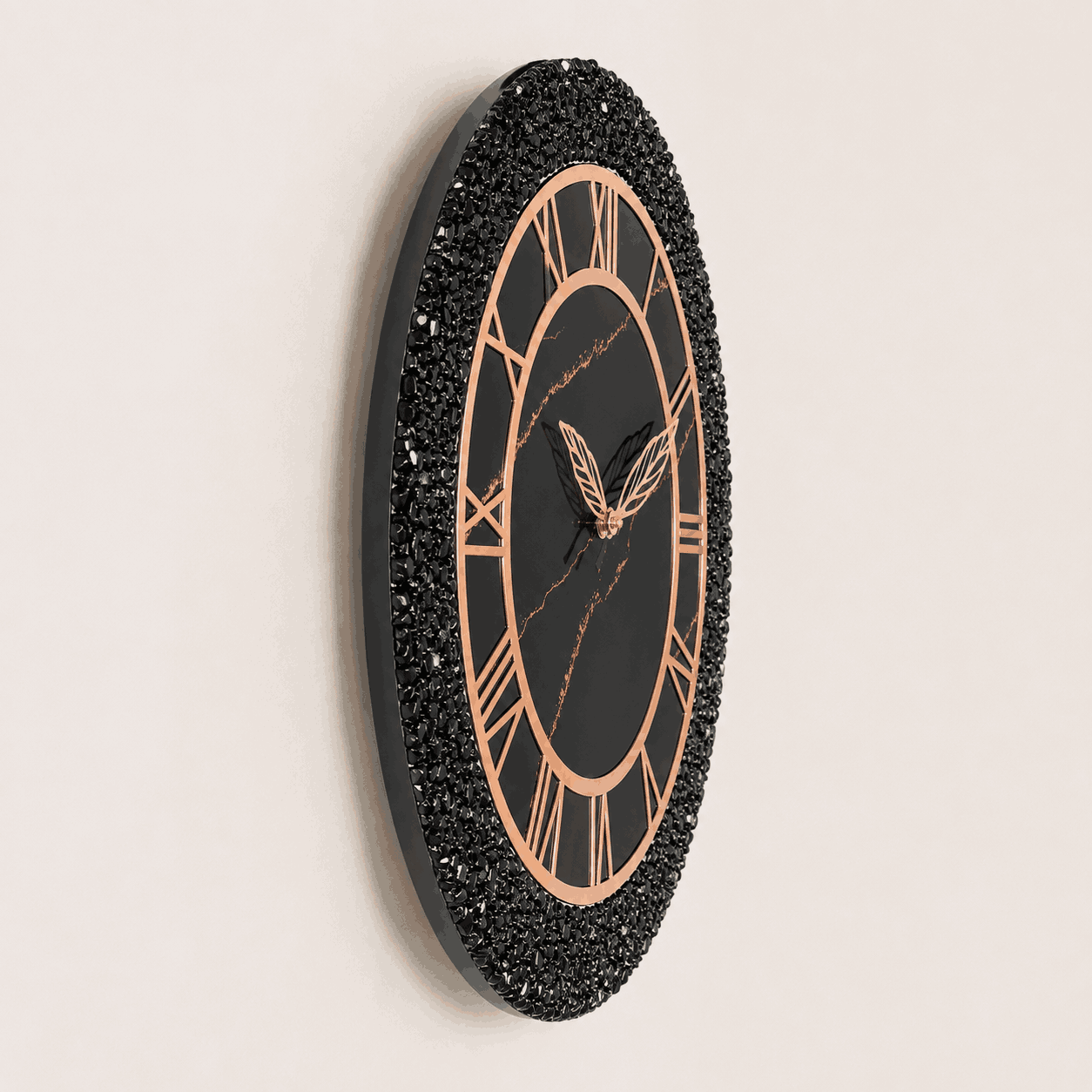 Slim side view of black crystal resin wall clock showing textured resin edge