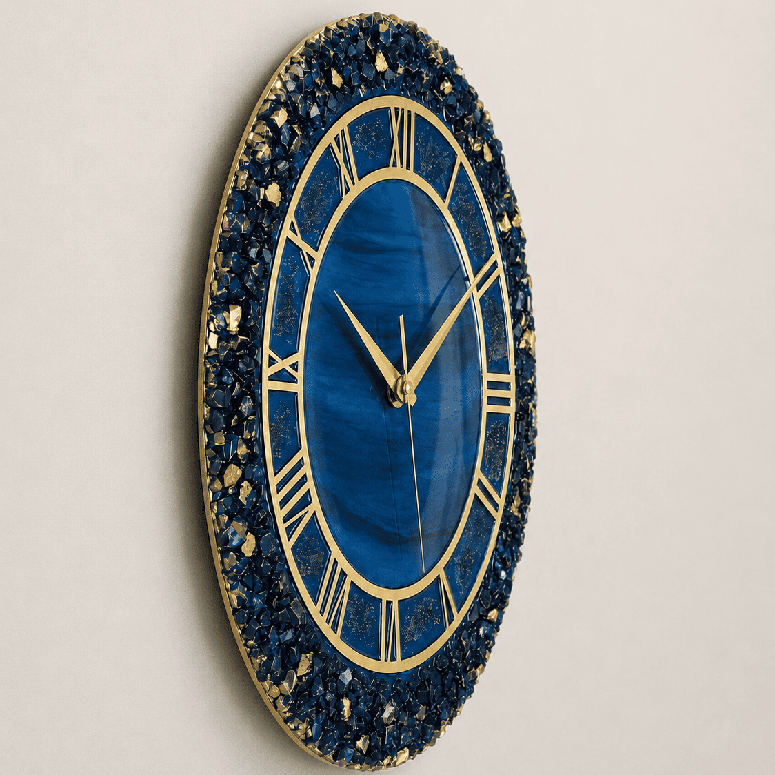 Slim side view of blue crystal resin wall clock showing crystal-style resin edge