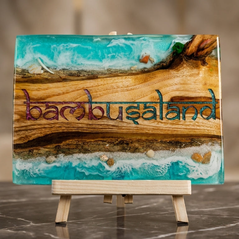 Personalized ocean resin wooden name plate with beach wave art, handcrafted custom home name sign made from wood and epoxy resin.