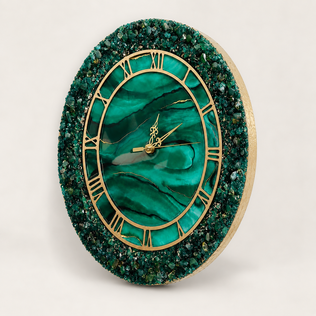 Side view of green crystal resin wall clock showing its decorative edge and resin depth
