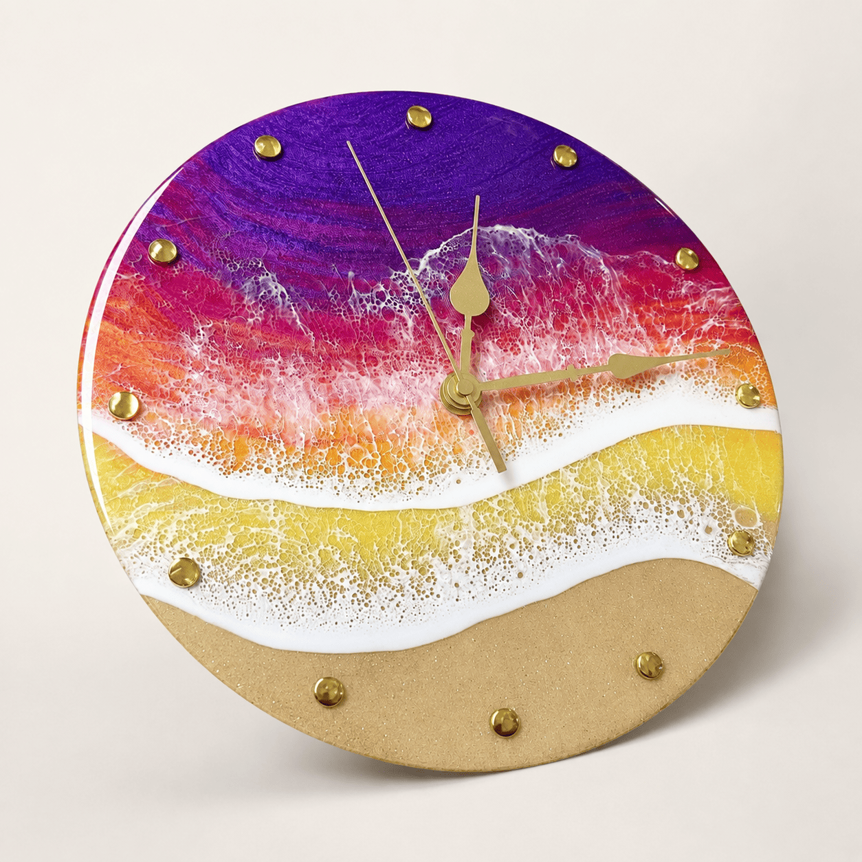 Slim side view of handmade multicolor ocean resin wall clock showing glossy resin edge