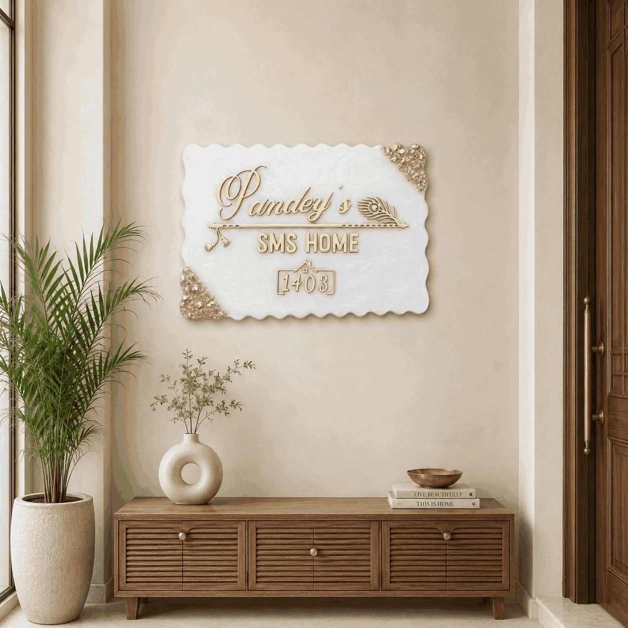 White Pearl Krishna Flute Resin Name Plate displayed on an elegant home entrance wall