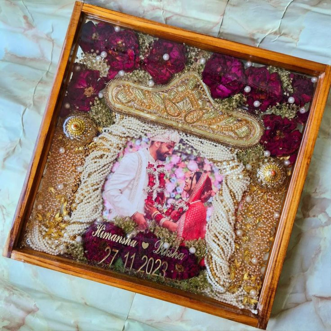 Varmala Preservation | Garland Preservation | Wooden Frame Keepsake – Shaahi Décor 8*8 Inch