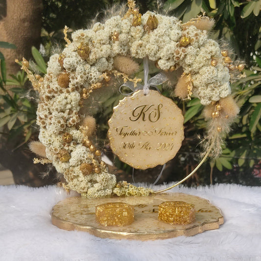 Custom resin engagement ring platter stand with couple initials, preserved flowers, golden detailing and ring holders for wedding or roka ceremony