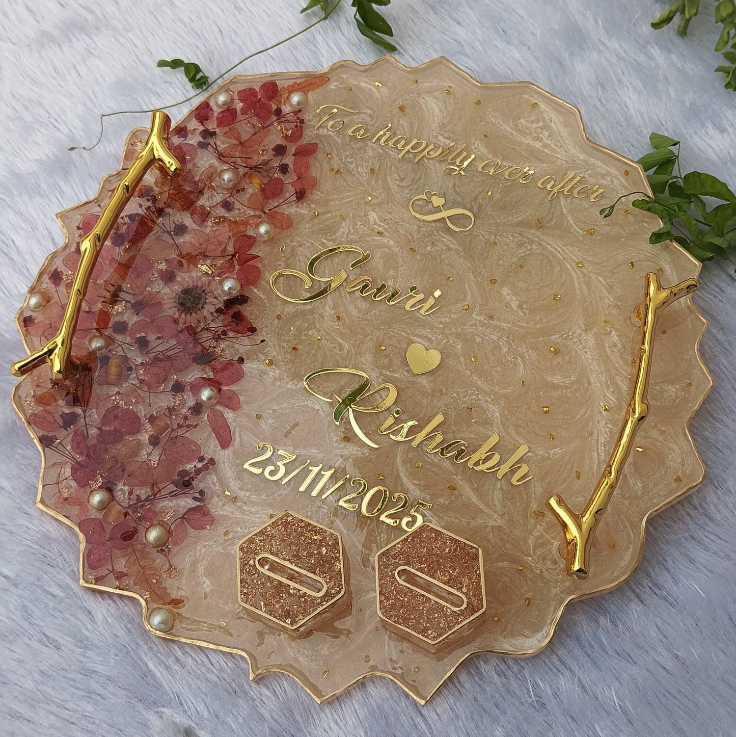 Custom handmade resin ring platter with couple names date dried flowers pearls and gold handles by Shaahi Decor