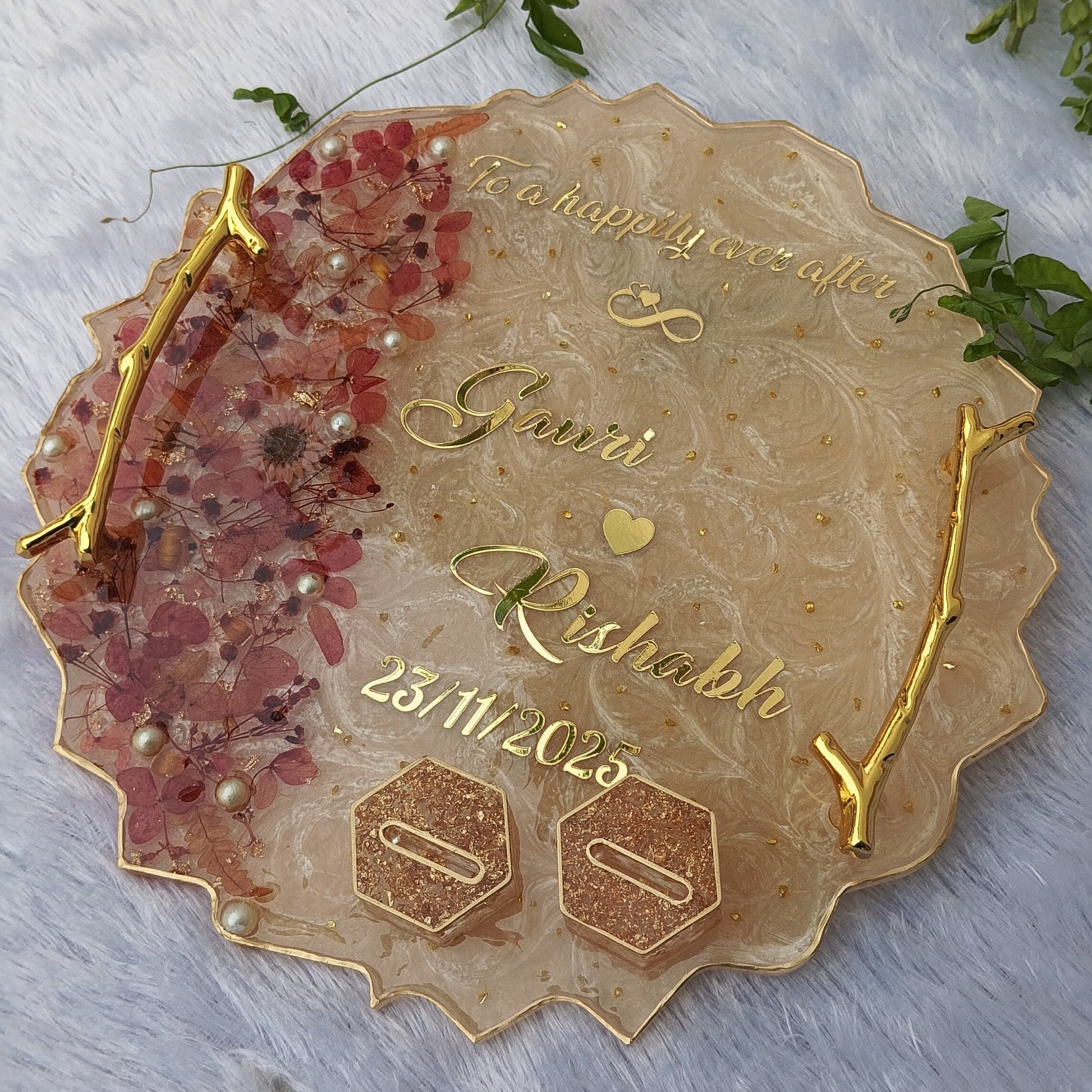Custom handmade resin ring platter with couple names date dried flowers pearls and gold handles by Shaahi Decor