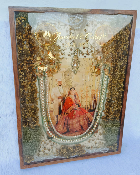 Custom varmala preservation frame with wedding photo accessories pearls and dried flowers by Shaahi Decor