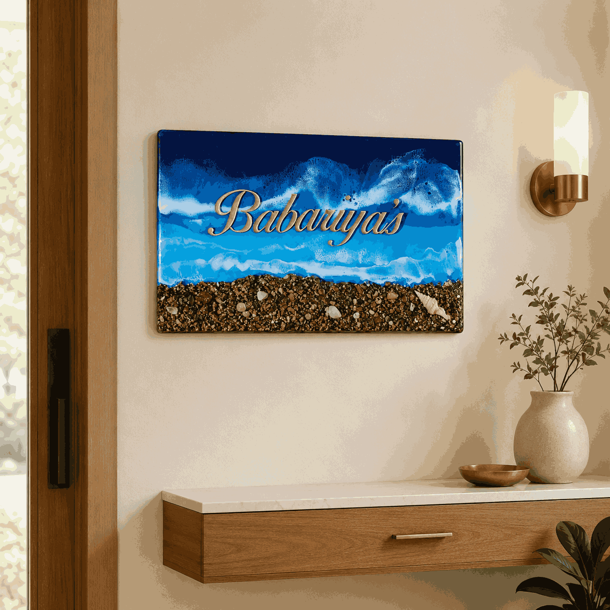 Deep Blue Beach Resin Name Plate displayed on a modern home entrance wall