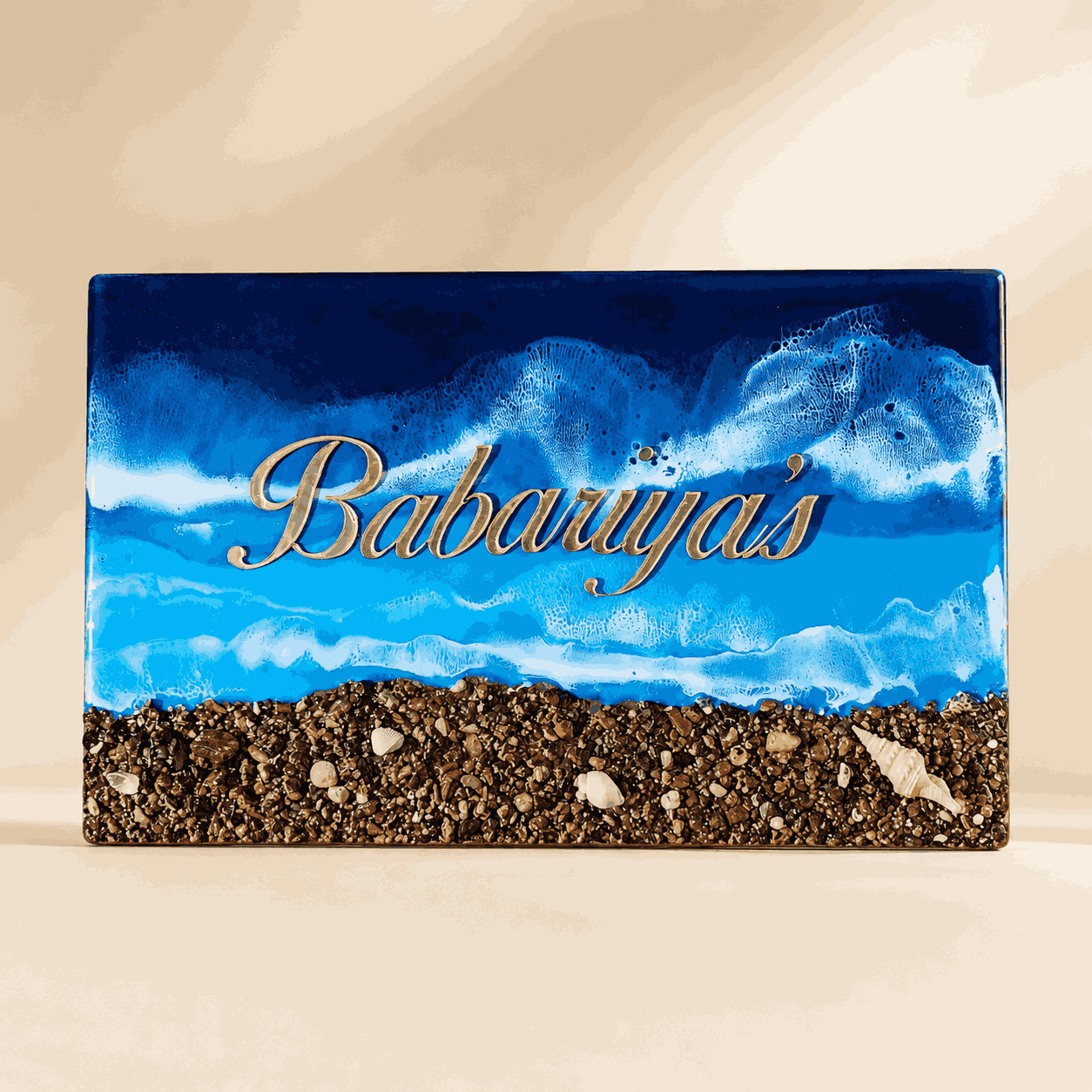 Deep Blue Beach Resin Name Plate with ocean wave design, pebble texture and personalized gold lettering