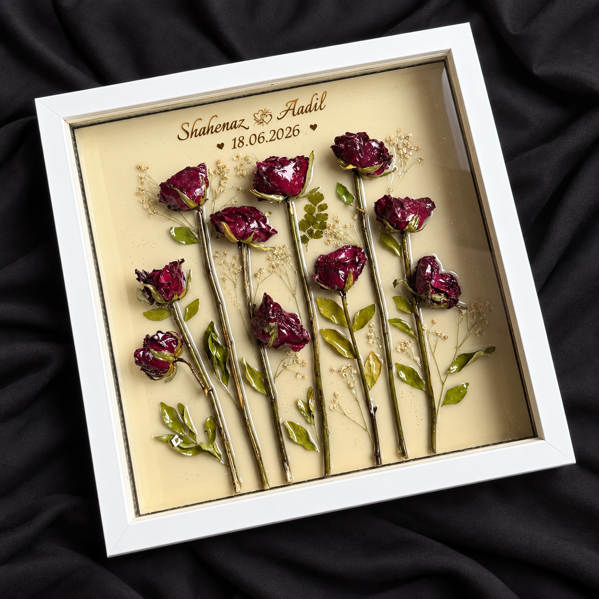 3D wedding bouquet flower preservation frame with red roses in white square frame