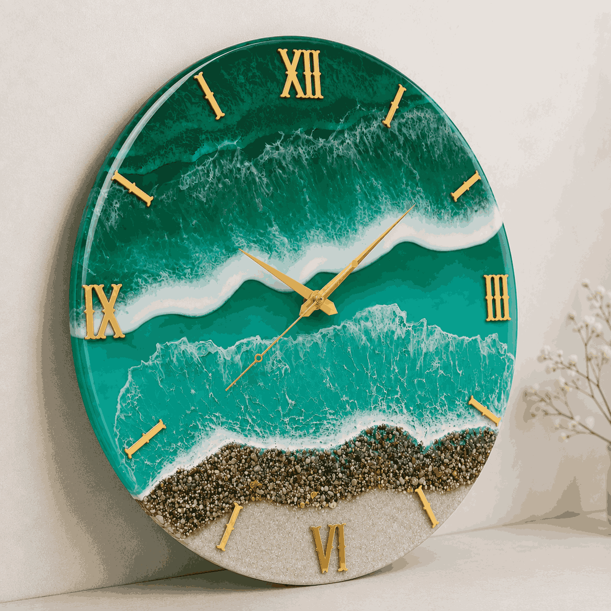 Angled view of green ocean resin wall clock with white wave detailing