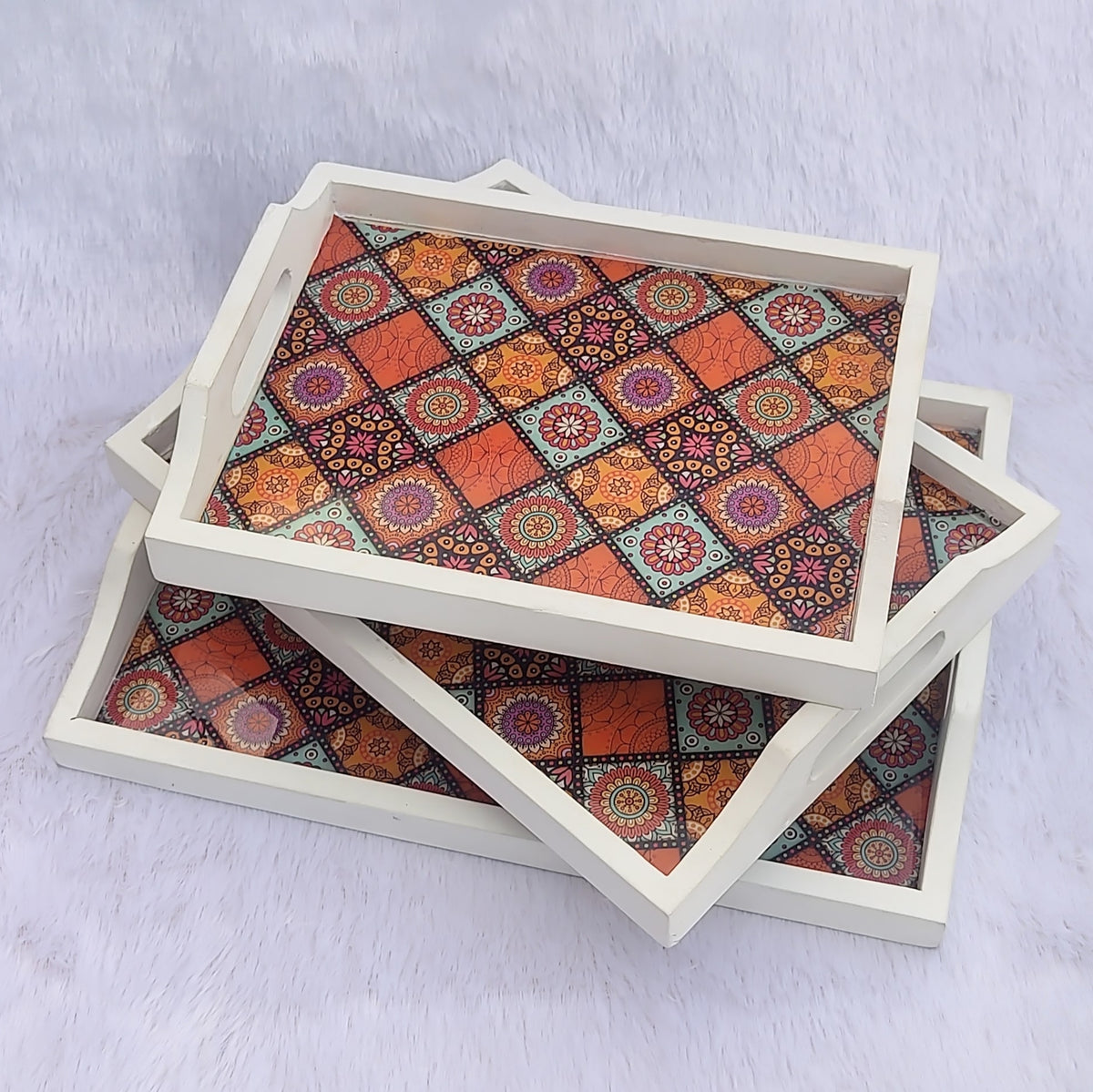 Rajasthani Block Print Resin Wooden Serving Tray Set of 3 | Shaahi ...