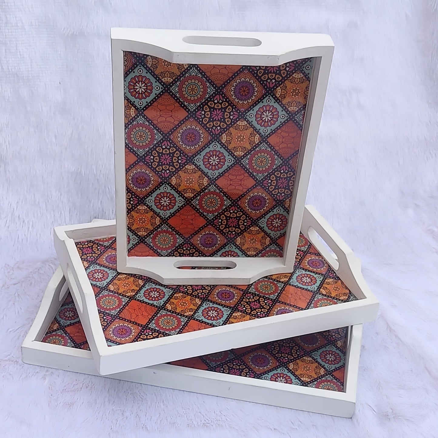 Rajasthani Block Print White Base Trays