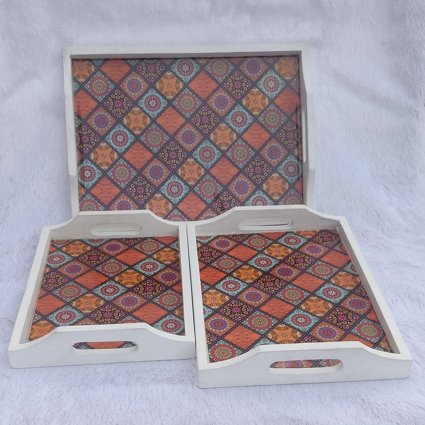 Rajasthani Block Print White Base Trays