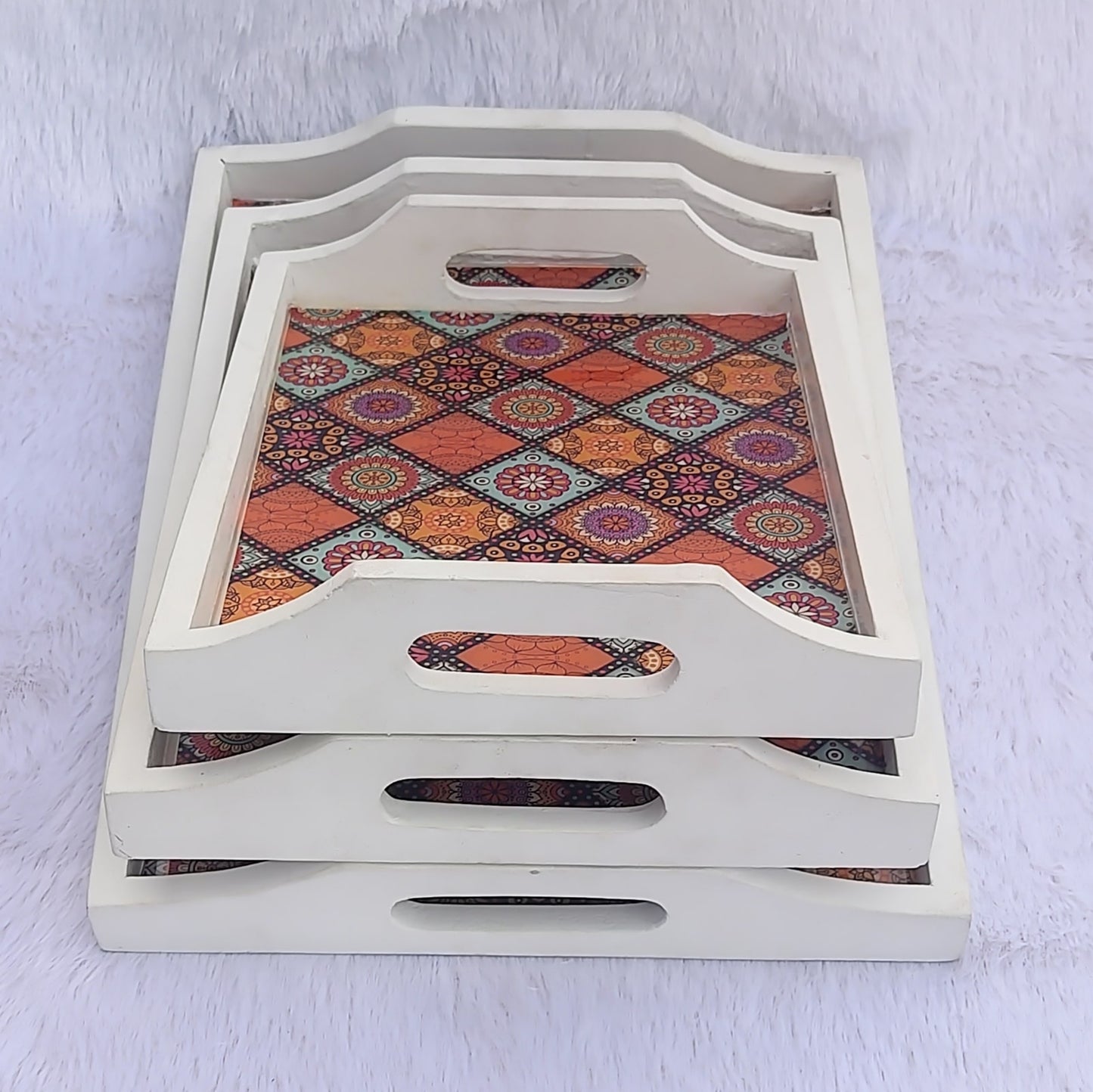 Rajasthani Block Print White Base Trays