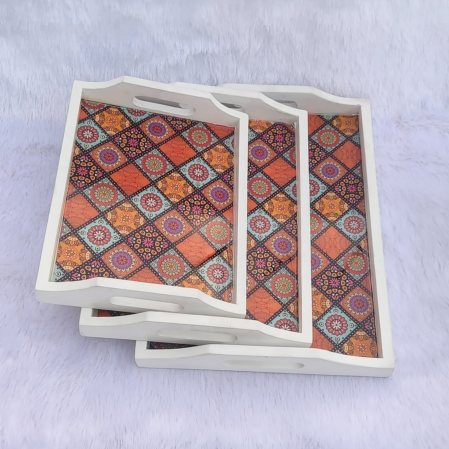 Rajasthani Block Print White Base Trays