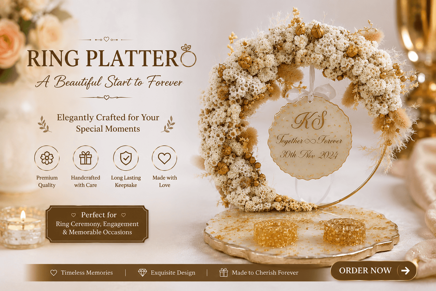 "Luxury handmade ring platter with preserved flowers, personalized couple initials, resin art, and elegant engagement ring holder for wedding and ring ceremony décor by Shaahi Decor."
