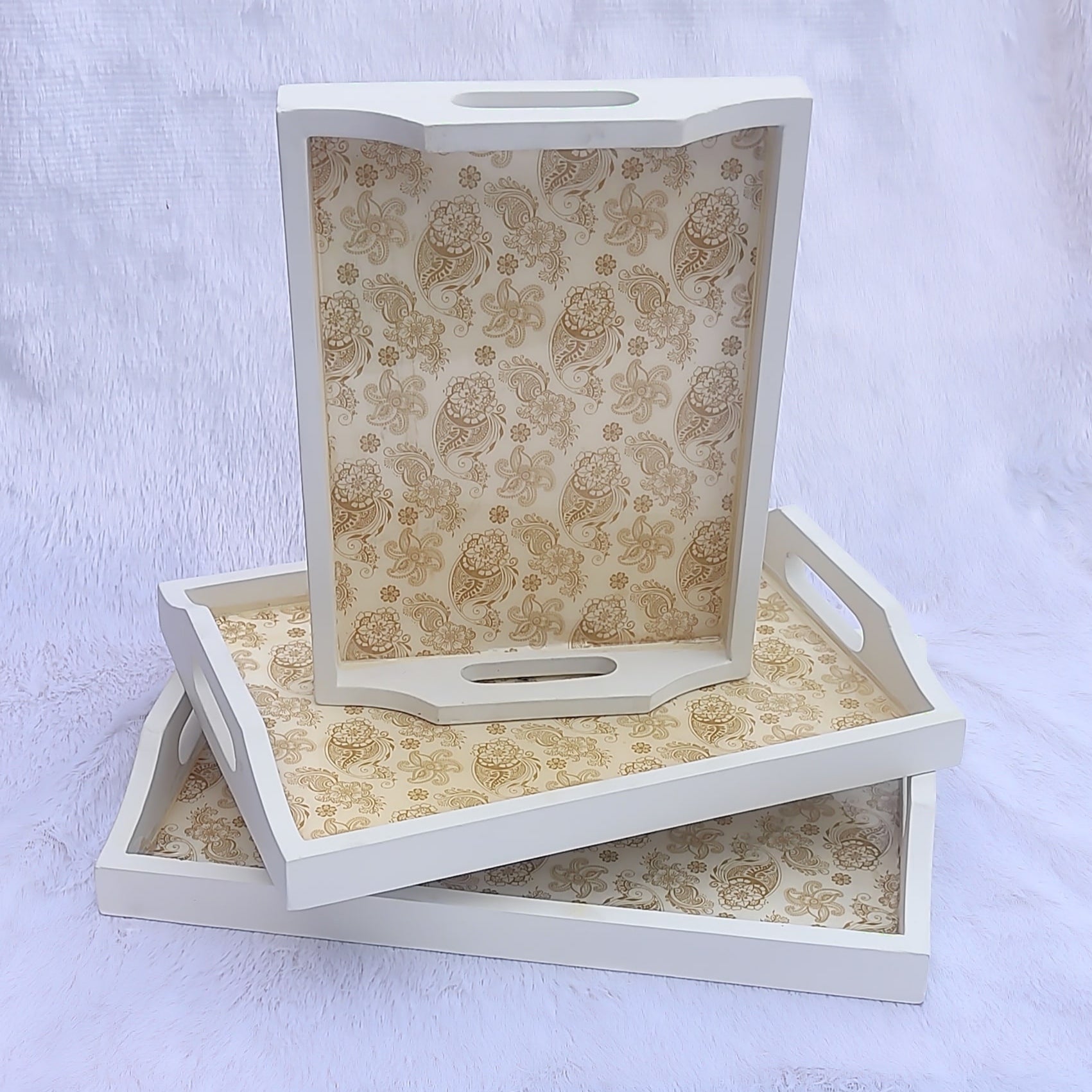 Classy Print White Base Resin Wooden Serving Tray Set of 3 - Small Medium Large