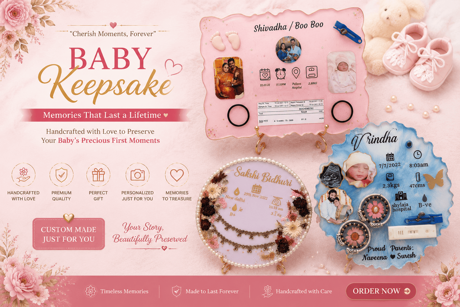 "Personalized baby keepsake resin frame featuring birth details, baby photos, hospital information, ultrasound memories, and preserved baby milestones in a handcrafted decorative display."