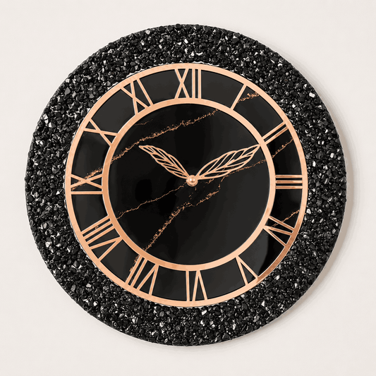 Black crystal resin wall clock with rose gold Roman numerals and glossy black face