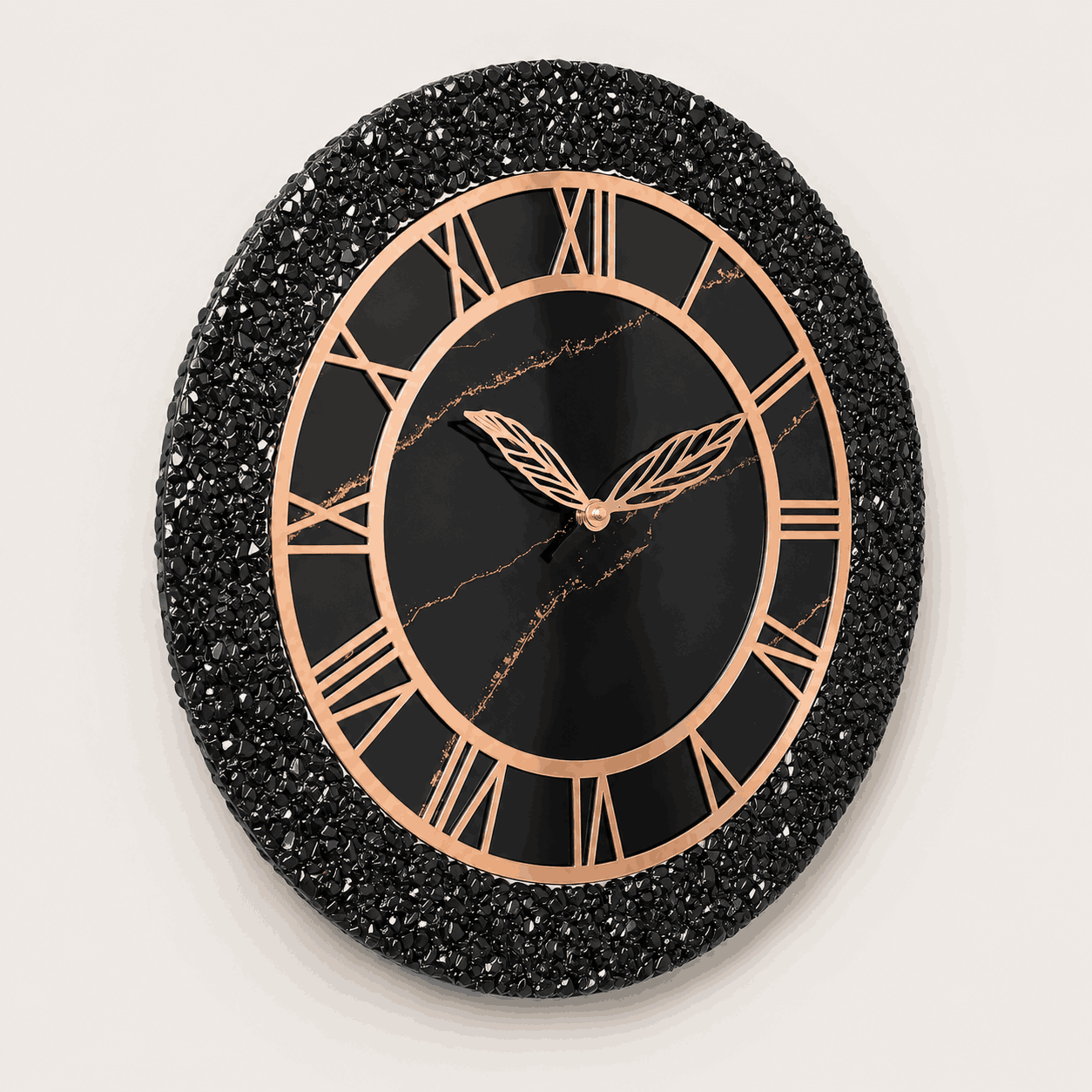 Three-quarter view of handmade black crystal resin wall clock with textured border