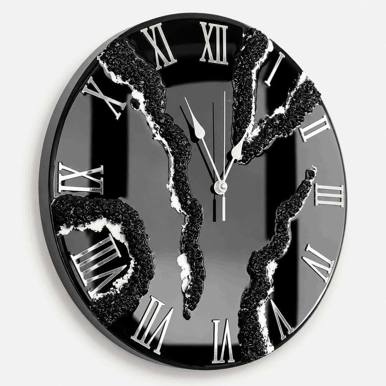 Angled view of black and white geode resin wall clock with textured resin detailing
