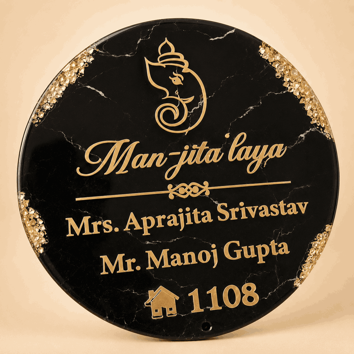 Black Marble Ganesha Resin Name Plate with personalized gold names and crystal corner detailing