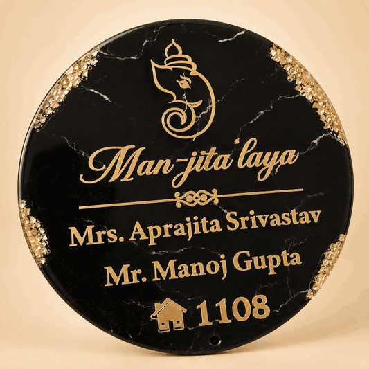 Black Marble Ganesha Resin Name Plate with personalized gold names and crystal corner detailing