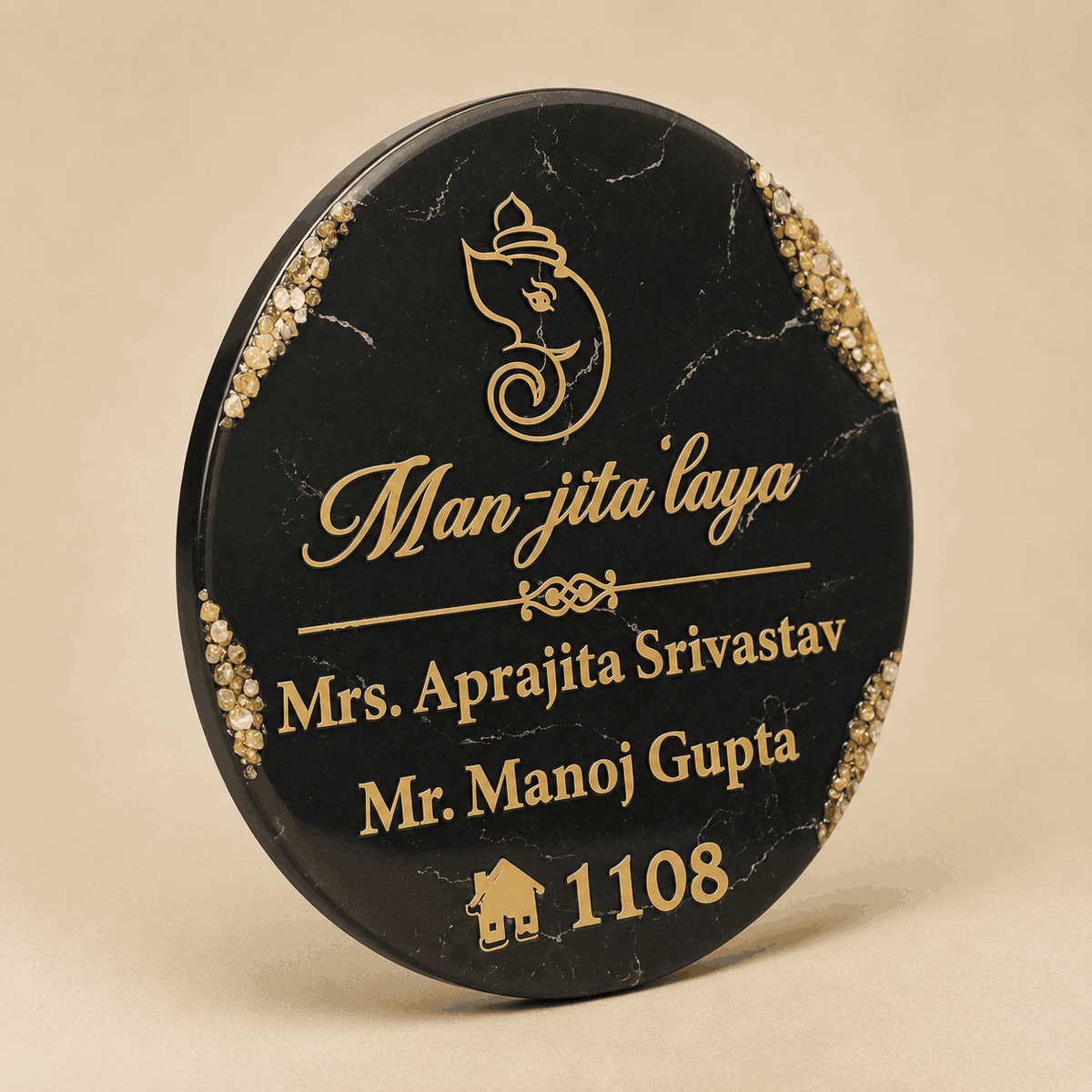 Side angle view of Black Marble Ganesha Resin Name Plate showing slim edge and gold detailing