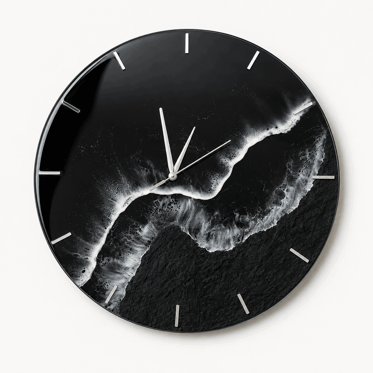Black ocean wave resin wall clock with white waves and silver hour markers