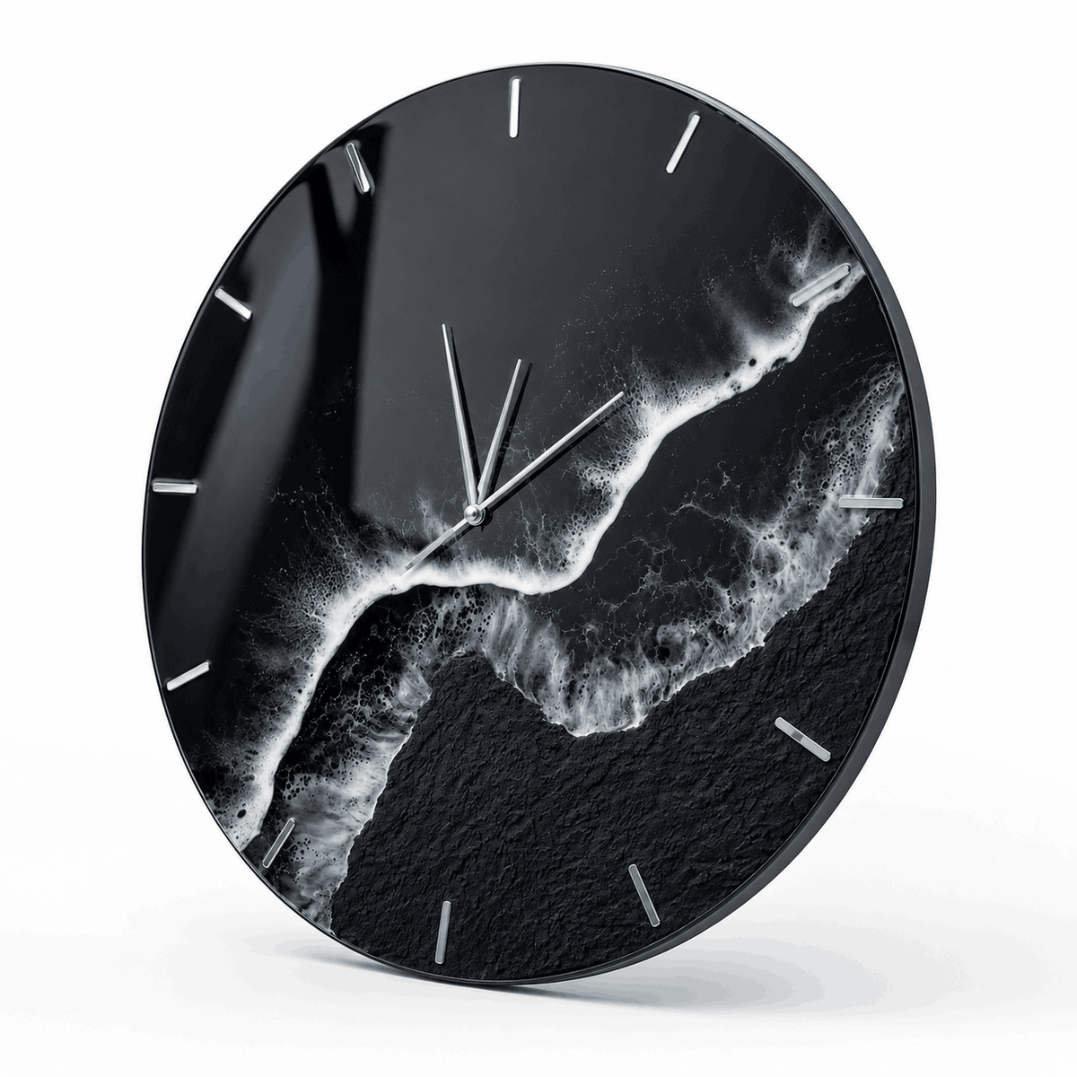 Slim side view of black ocean wave resin wall clock with glossy resin finish