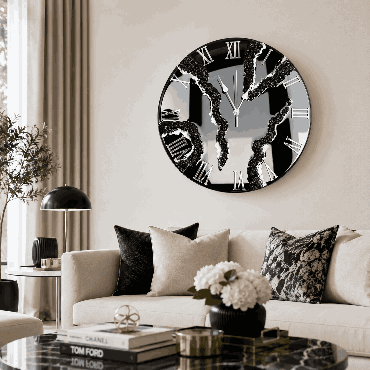 
Black and white geode resin wall clock displayed on a modern living room wall