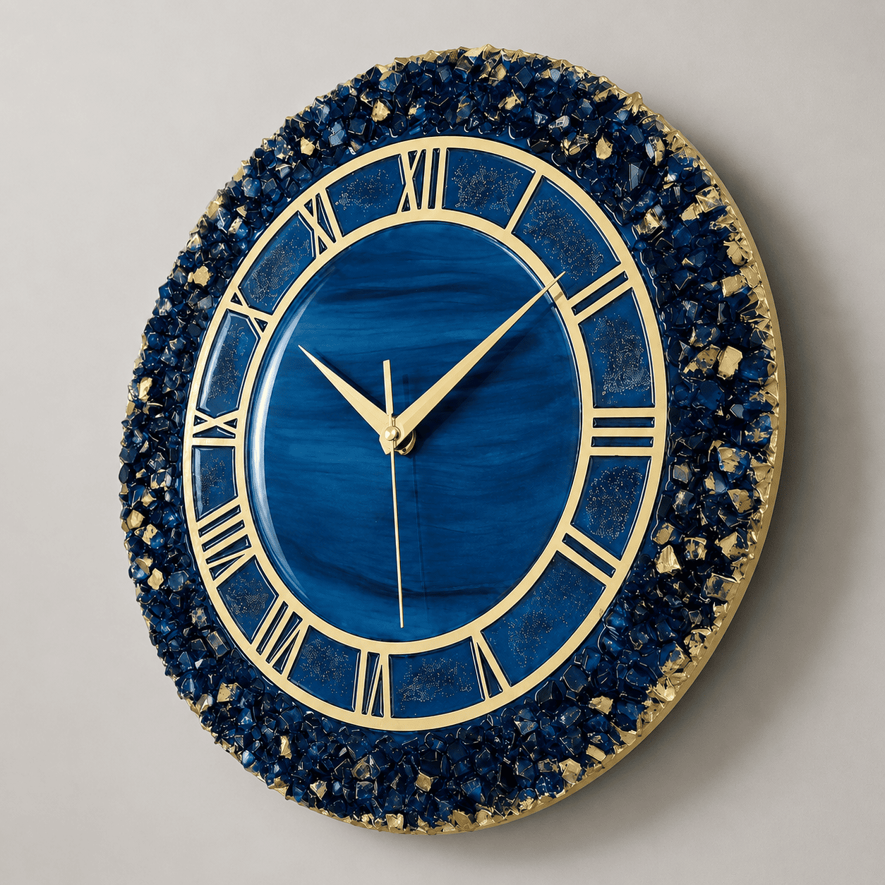 Angled view of blue crystal resin wall clock with gold Roman numerals and textured edge