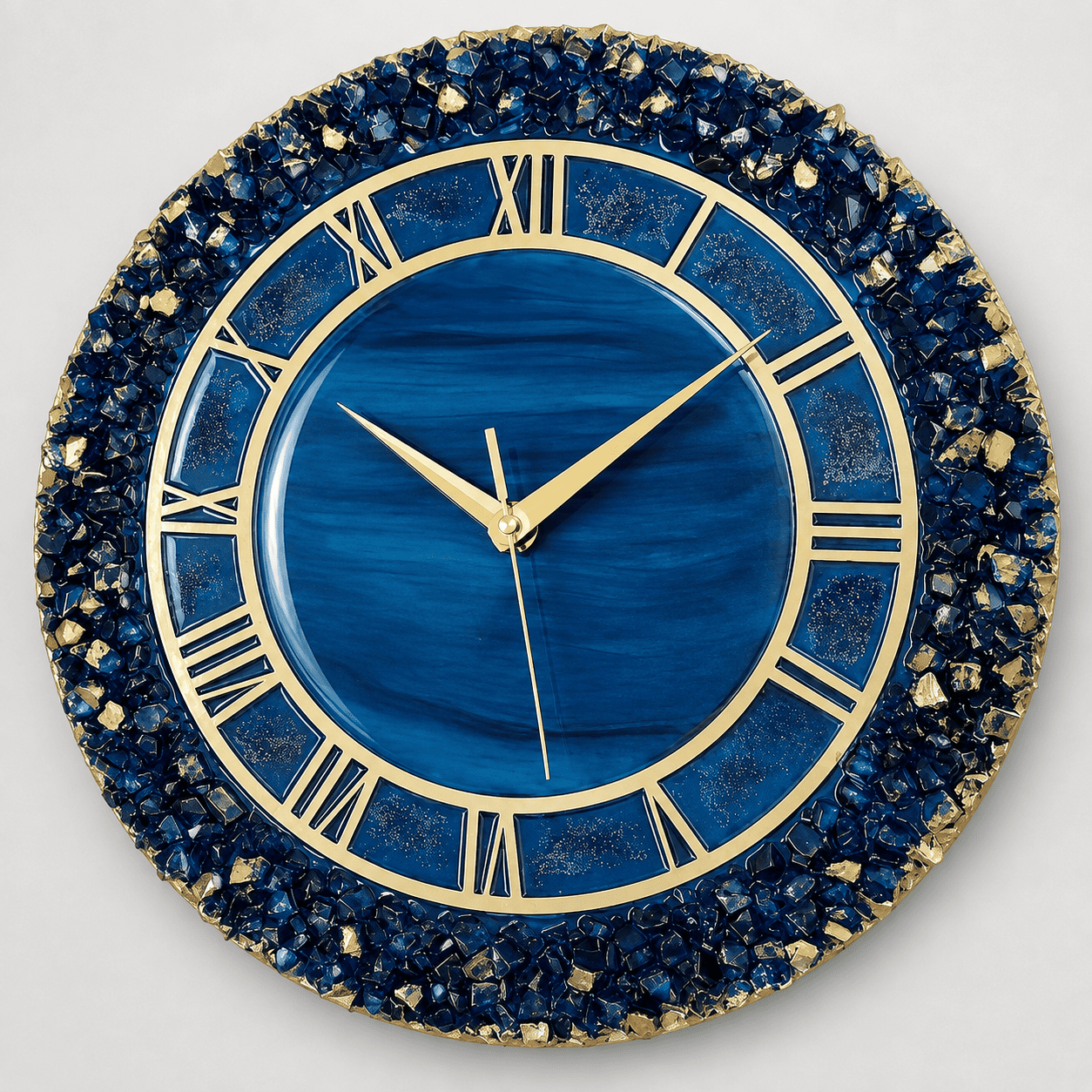 Blue crystal resin wall clock with gold Roman numerals and deep blue resin face