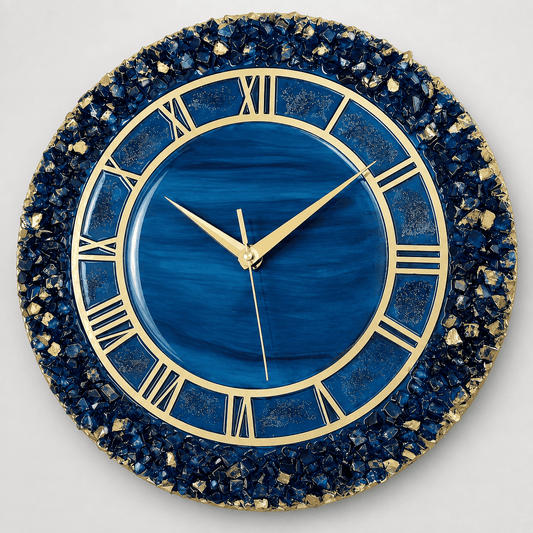 Blue crystal resin wall clock with gold Roman numerals and deep blue resin face