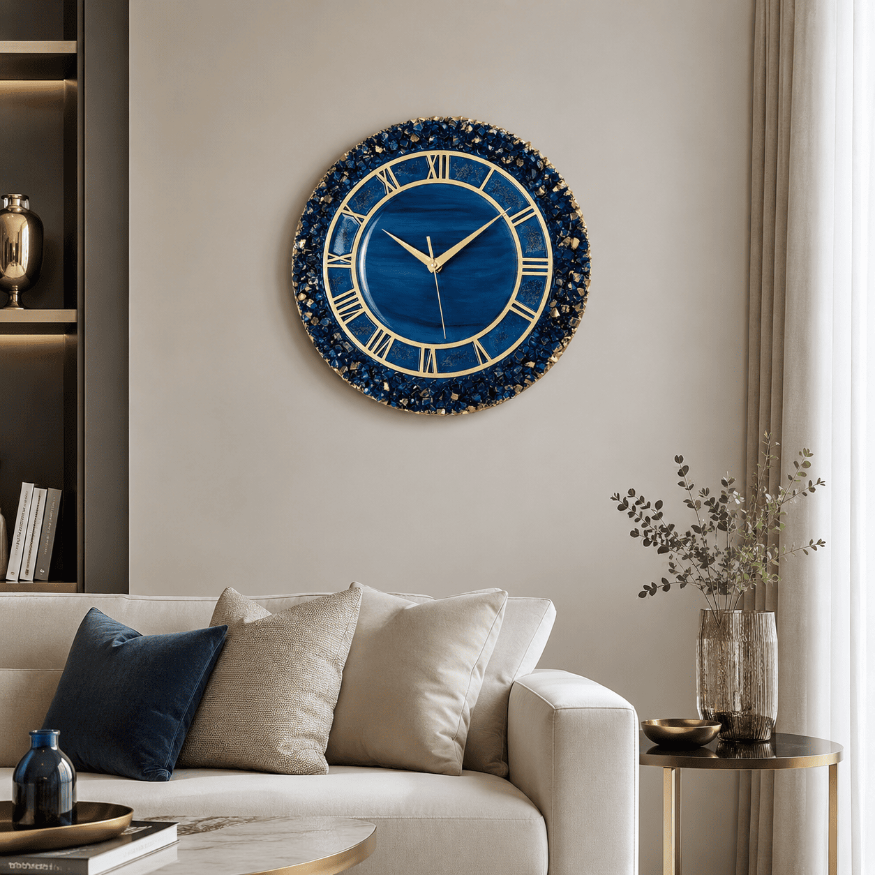 Blue crystal resin wall clock displayed on an elegant modern living room wall