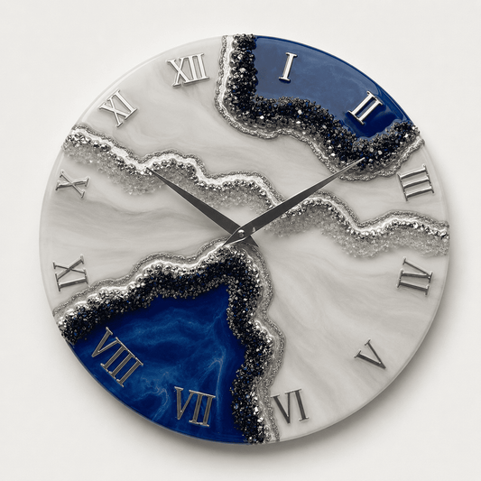Blue geode resin wall clock with white marble effect and silver Roman numerals
