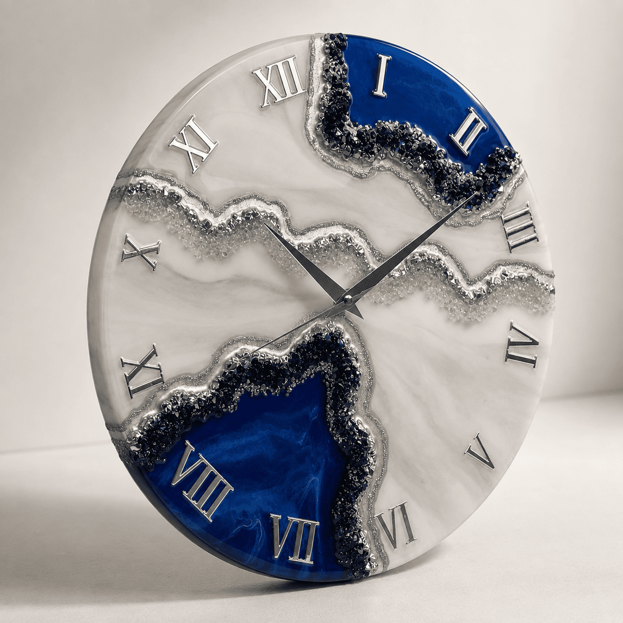 Blue and white geode resin wall clock displayed on a modern living room wall