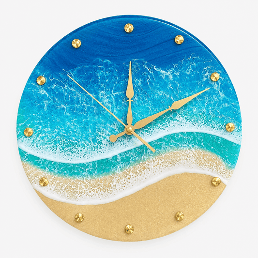 Blue ocean beach resin wall clock with turquoise waves, gold hands and hour markers
