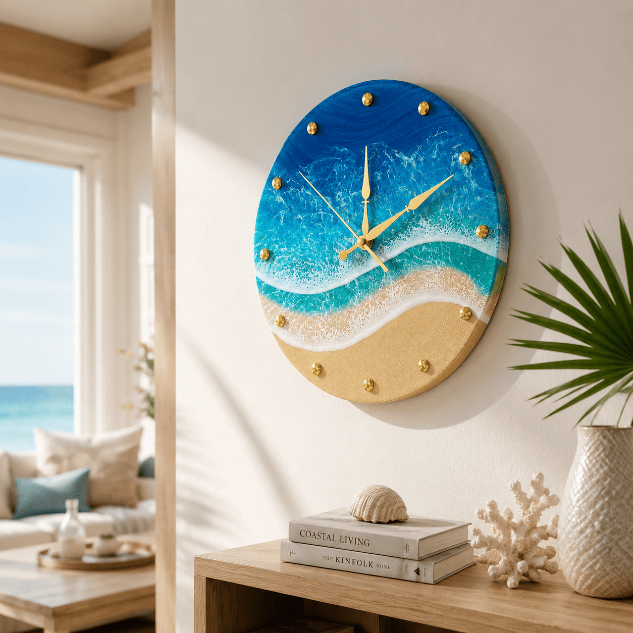 Angled view of blue ocean resin wall clock with white waves and golden beach design