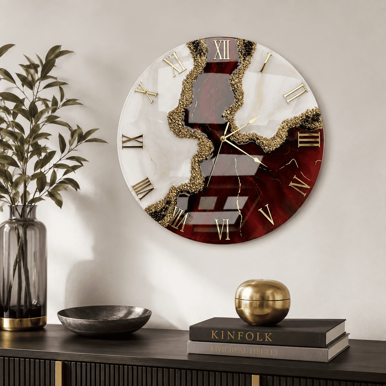 Burgundy and white geode resin wall clock displayed on a modern interior wall