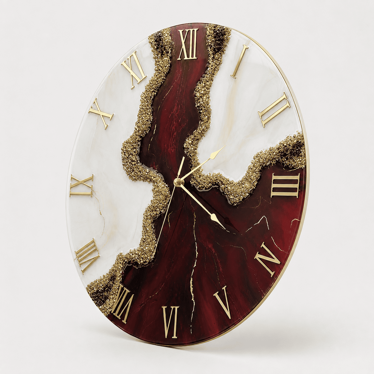 Slim side view of burgundy geode resin wall clock showing thin glossy resin edge
