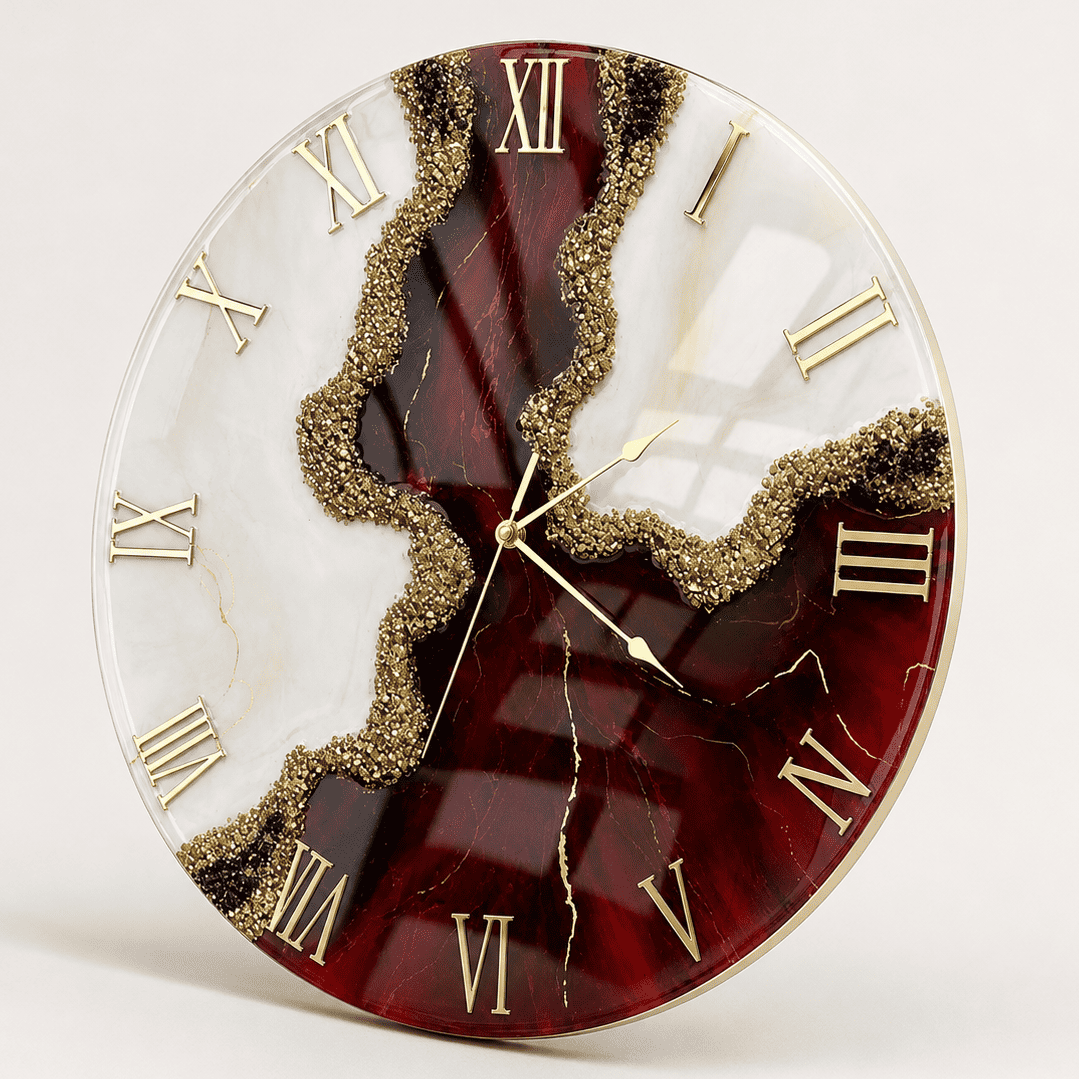Angled view of burgundy and white geode resin wall clock with gold detailing
