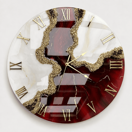 rgundy and white geode resin wall clock with gold Roman numerals