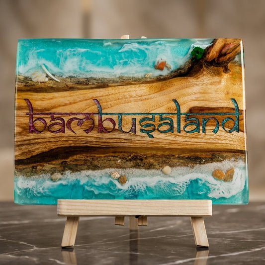 Personalized ocean resin wooden name plate with beach wave art, handcrafted custom home name sign made from wood and epoxy resin.