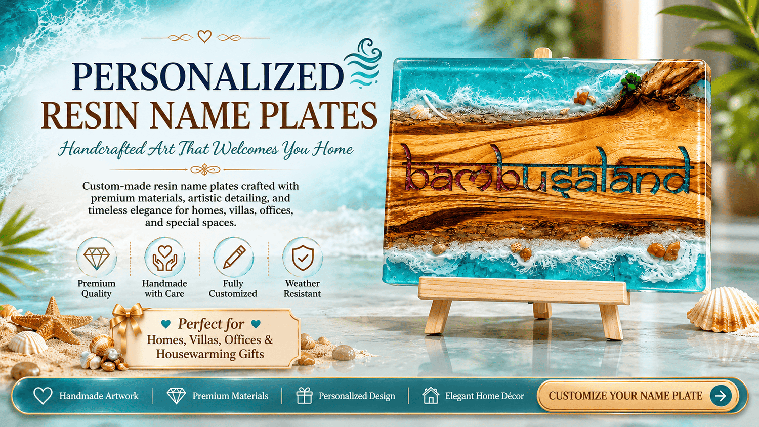 Customized ocean resin name plate featuring realistic sea waves, shells and premium wooden base for home entrance