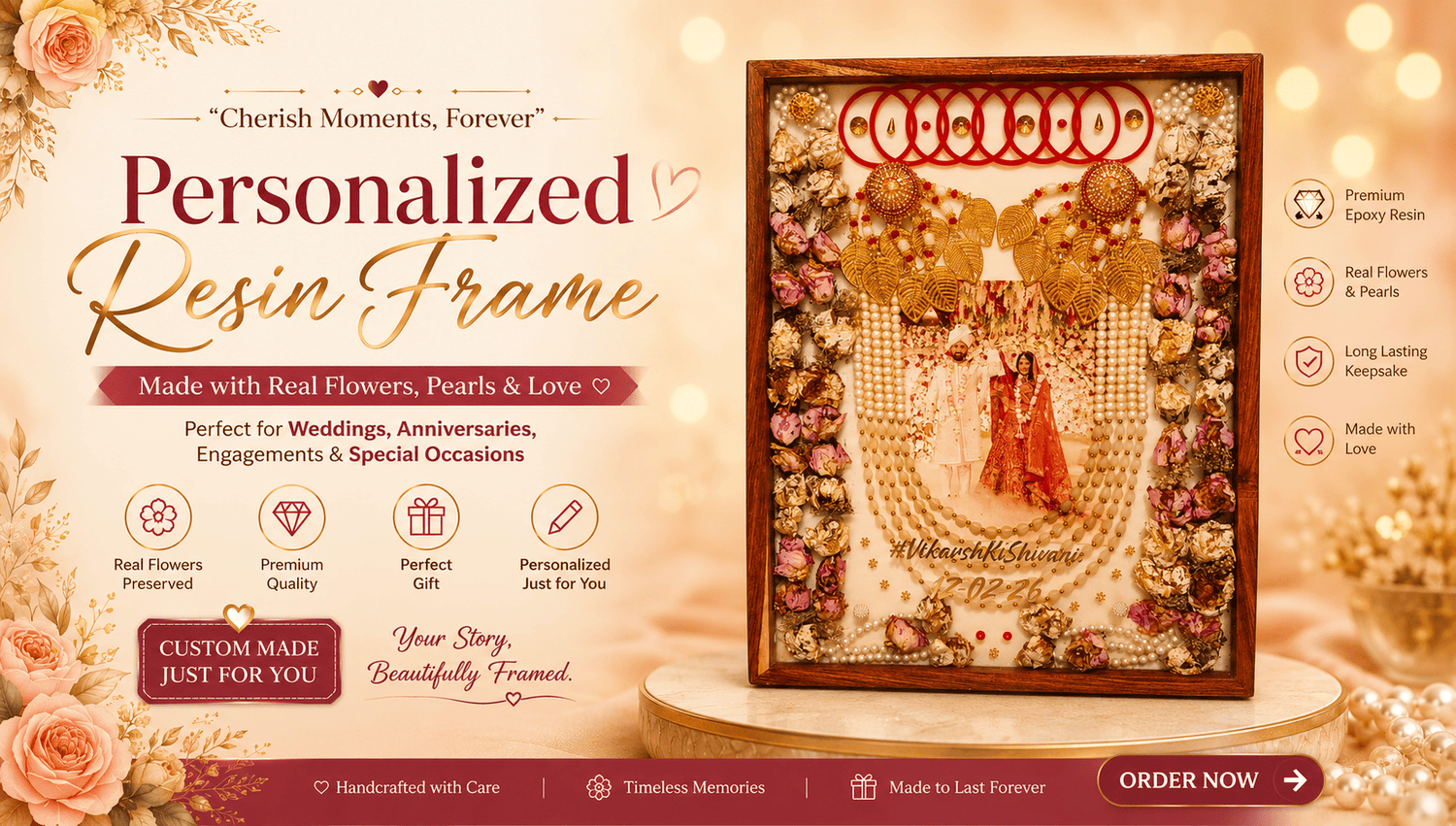 "Luxury varmala preservation resin artwork featuring preserved flowers, pearls, bridal accessories, wedding jewellery decor, and personalized couple photo in a handcrafted wooden frame. Premium wedding memory preservation and custom resin keepsake by Shaahi Decor."
