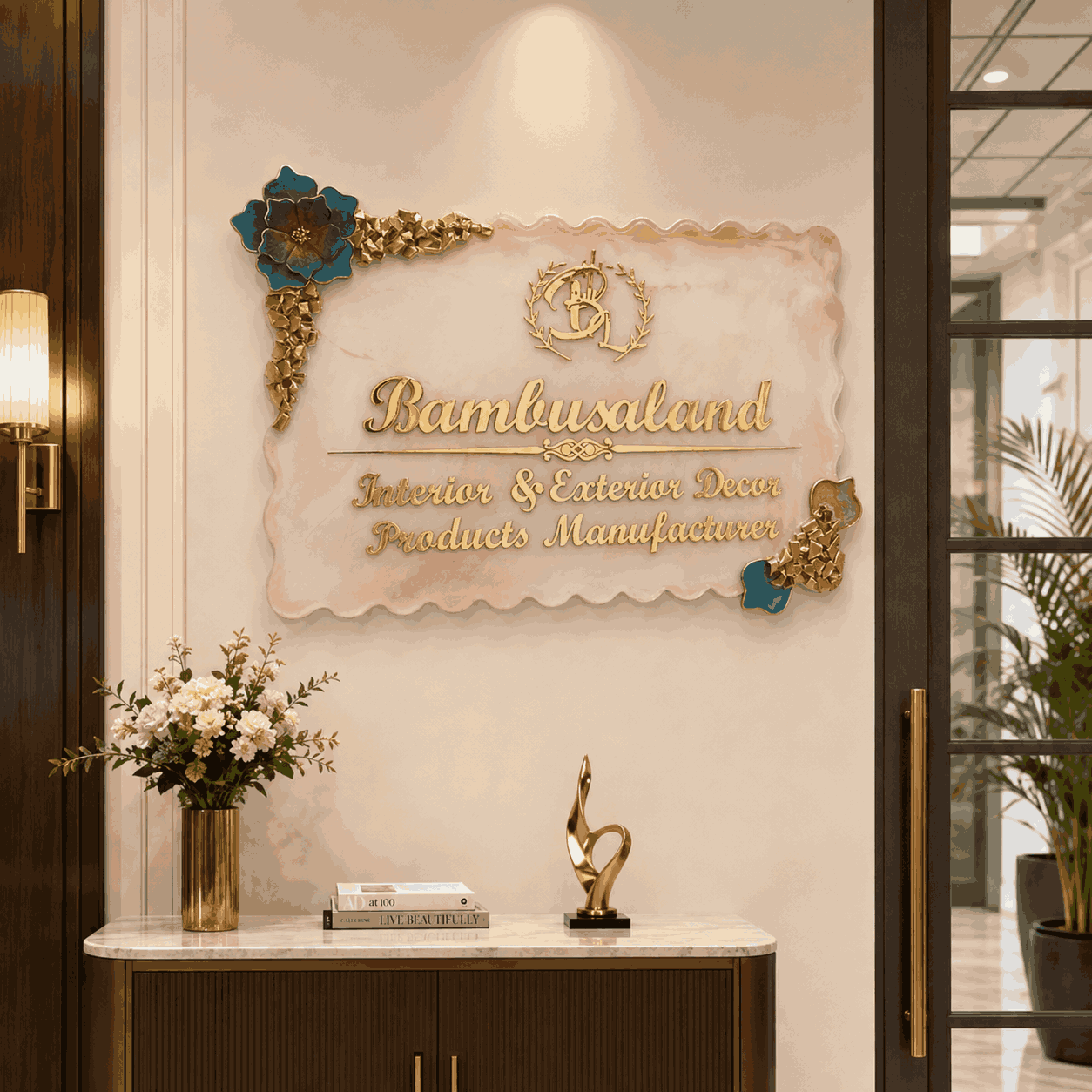 Personalized peach floral gold resin name plate displayed on a modern office entrance wall