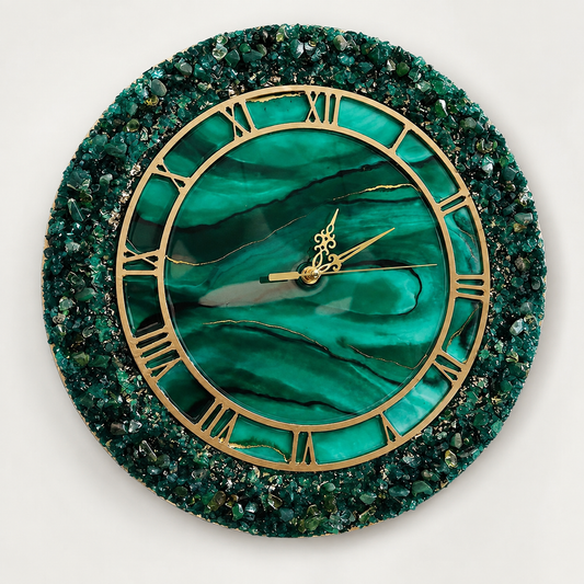 Emerald green crystal resin wall clock with gold Roman numerals and marbled resin face